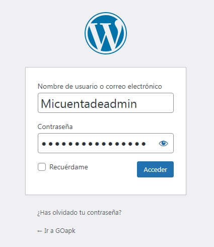 Pantalla de acceso de WordPress